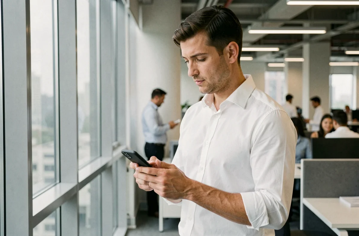 Homme en bureau relisant un message formel sur son smartphone pour s'assurer de la politesse et de l'orthographe