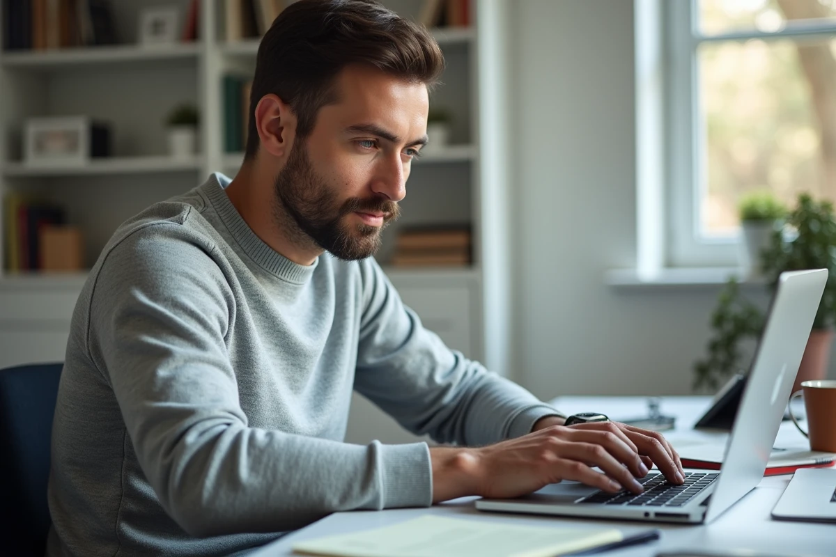 Homme en télétravail consultant les messages et notifications de son espace personnel MaBoxRH La Poste