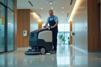 Homme en uniforme utilisant un nettoyeur de sol moderne dans un bureau