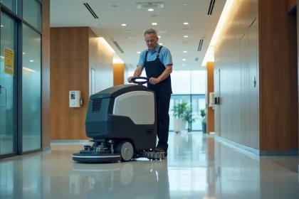 Homme en uniforme utilisant un nettoyeur de sol moderne dans un bureau