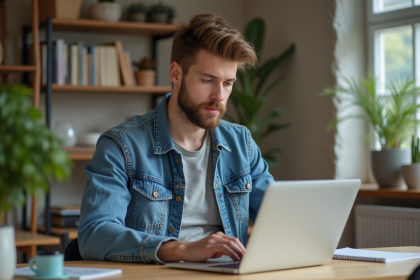 Homme concentré travaillant sur son ordinateur dans un bureau cosy