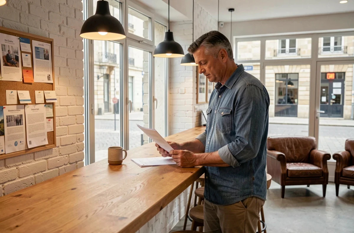 Homme consultant des documents en espace de coworking face à une fenêtre avec vue sur Mont-de-Marsan