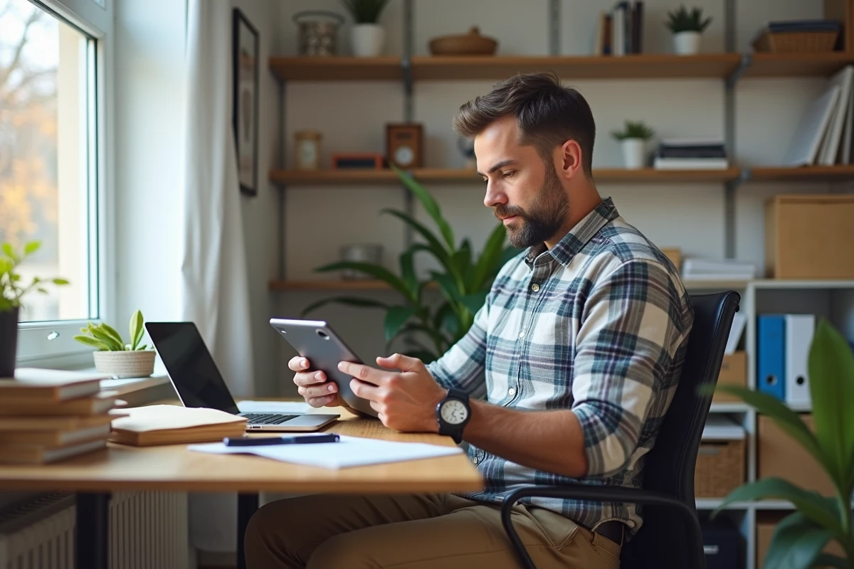 Homme vérifiant instructions sur une tablette au bureau