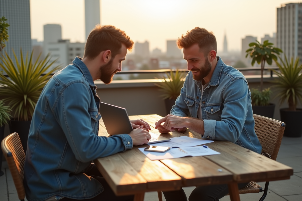 Deux hommes créatifs discutant sur un rooftop ensoleille