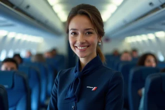 Hôtesse de l'air Air France en uniforme bleu marine dans la cabine d'un avion, symbolisant la progression de carrière et la professionnalisation du métier
