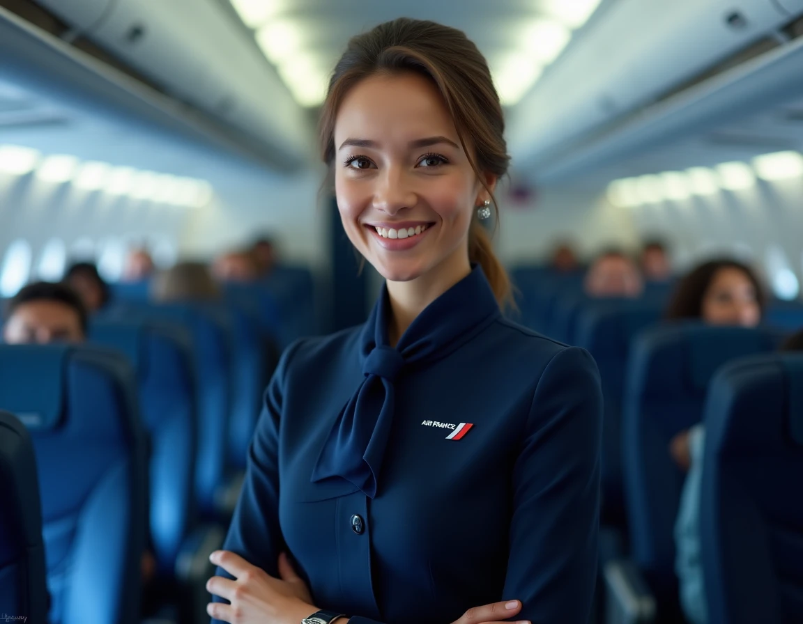 Hôtesse de l'air Air France en uniforme bleu marine dans la cabine d'un avion, symbolisant la progression de carrière et la professionnalisation du métier