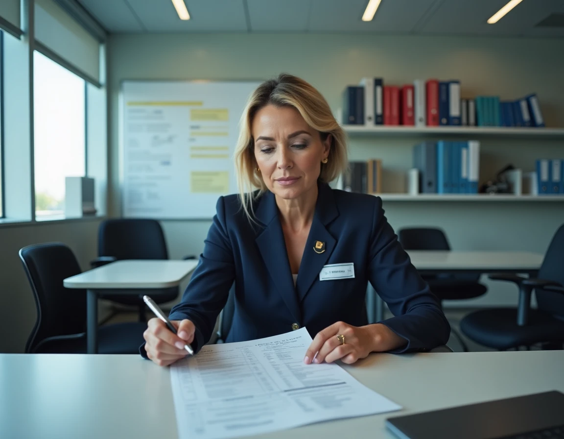 Hôtesse de l'air expérimentée consultant des documents de vol dans une salle de briefing d'aéroport, illustrant l'évolution de carrière et les responsabilités accrues