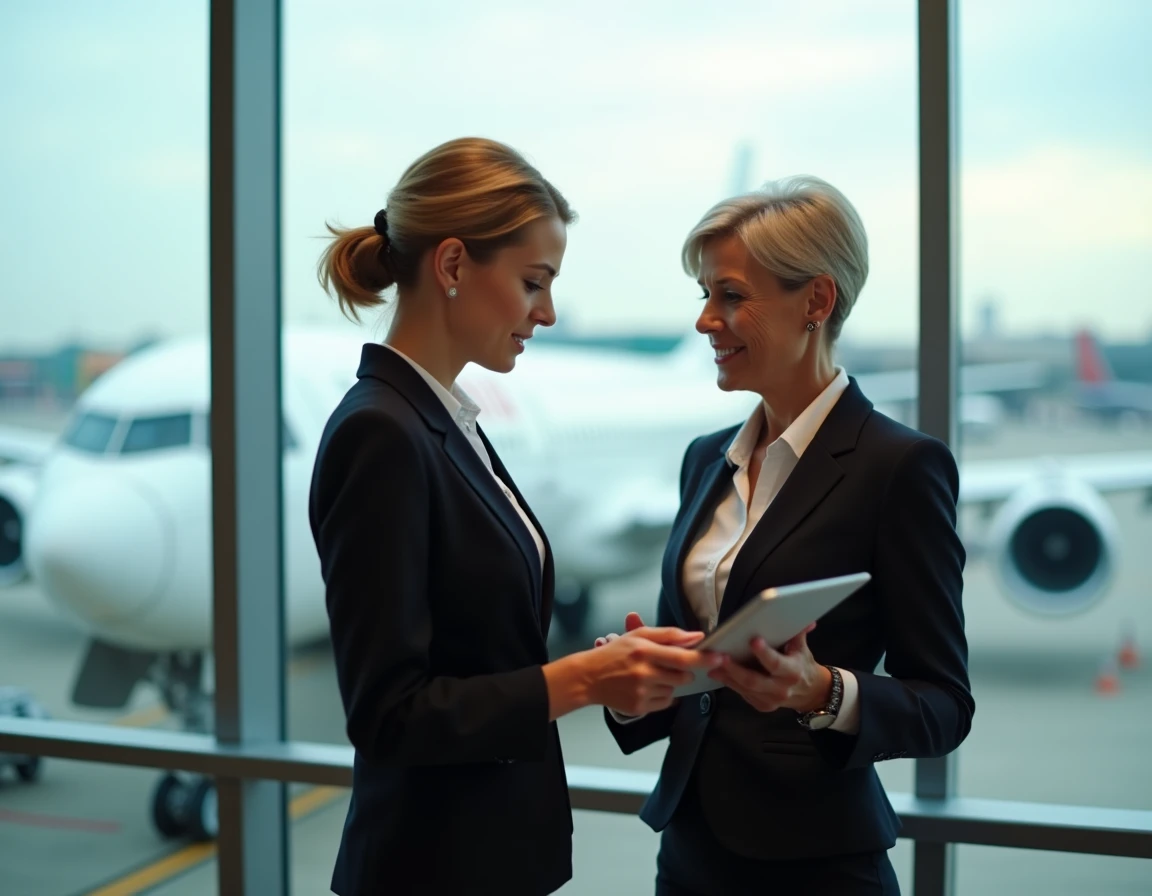 Deux hôtesses de l'air Air France de générations différentes échangeant près d'une porte d'embarquement, représentant l'évolution salariale et les étapes de carrière dans l'aviation