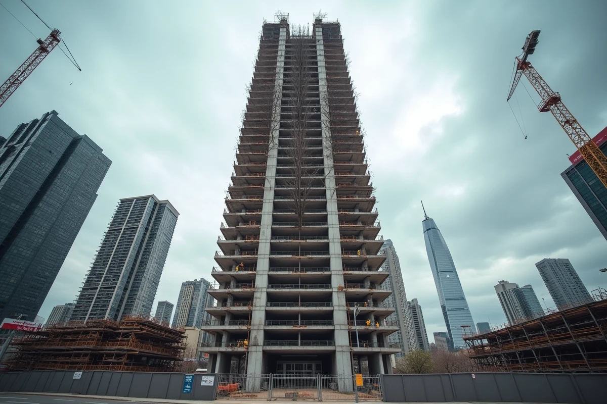 Immeuble mixte en construction dans un environnement urbain dense avec grues et échafaudages en 2026