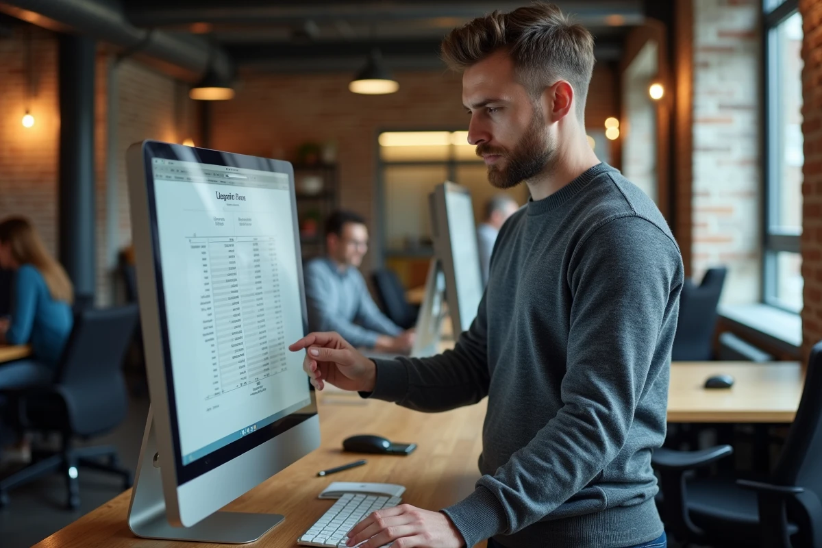 Travailleur indépendant analysant ses activités commerciales sur ordinateur dans un espace de coworking
