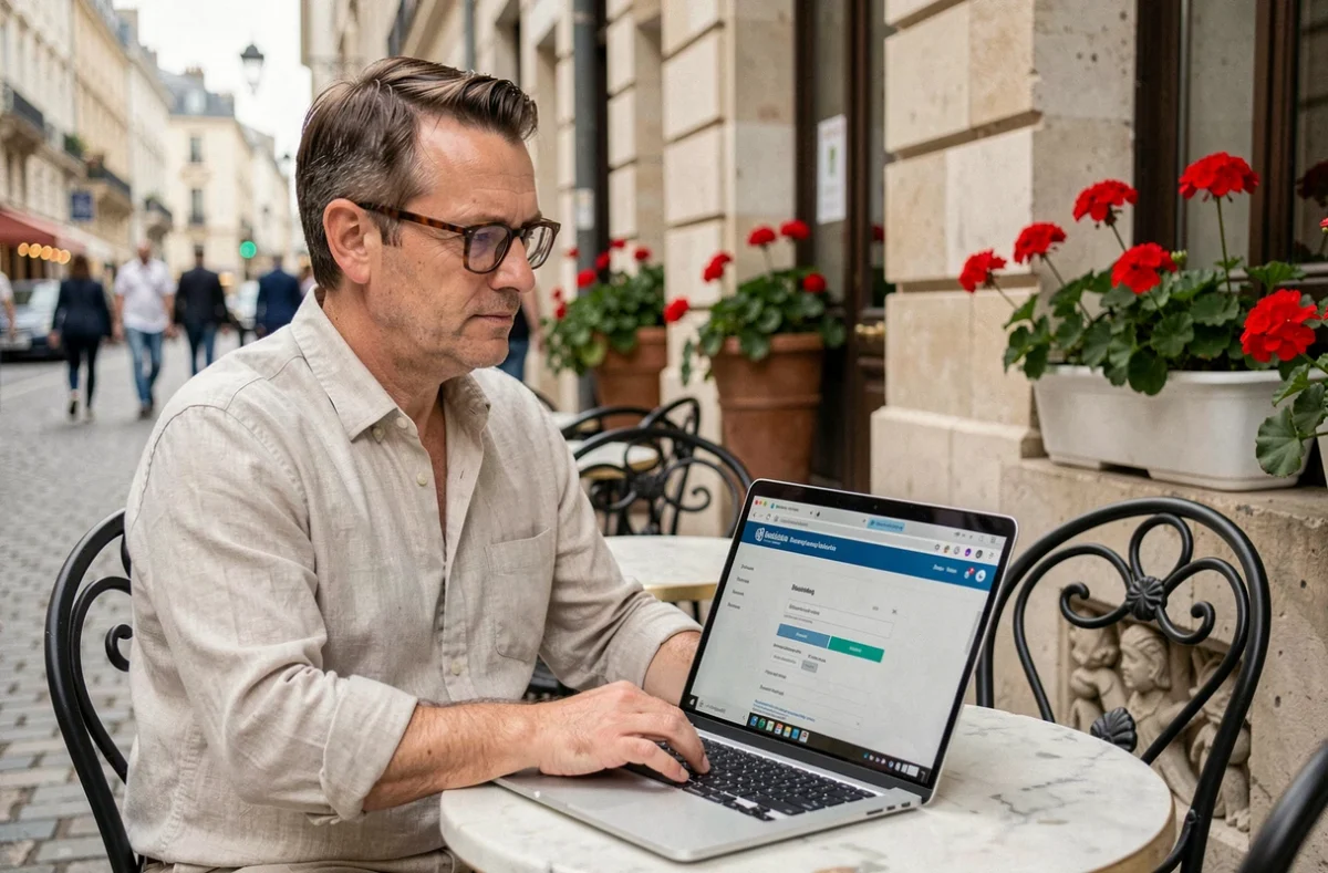 Indépendant travaillant depuis une terrasse de café française sur la création de sa micro entreprise et le choix de sa couverture sociale