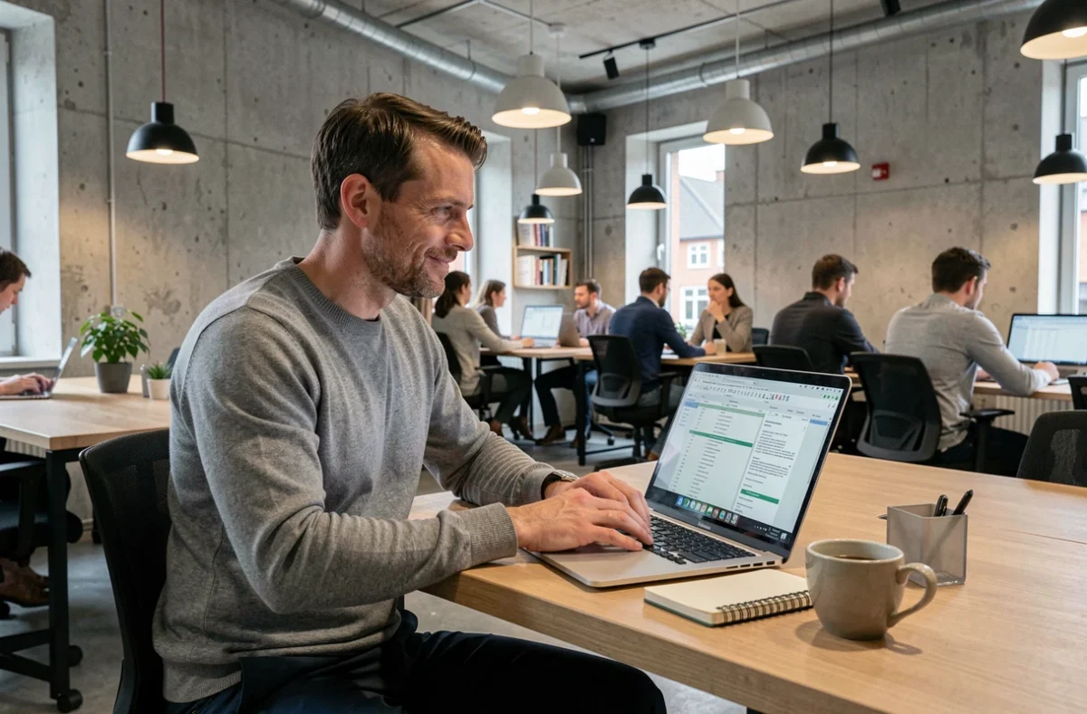 Travailleur indépendant en portage salarial consultant des documents juridiques dans un espace de coworking luxembourgeois