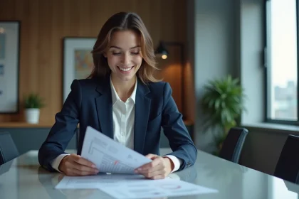 Femme d'affaires en costume navy lors d'une r&eacute;union