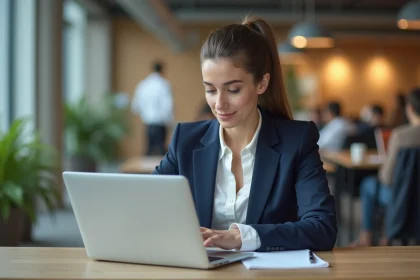 Jeune femme professionnelle en blazer navy au bureau
