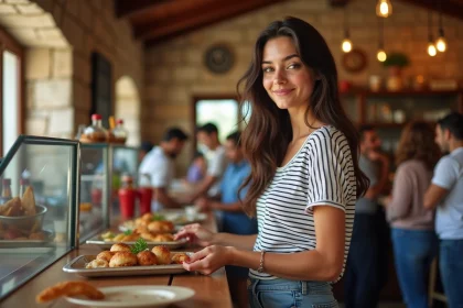 Jeune femme curieuse dans un restaurant corse authentique