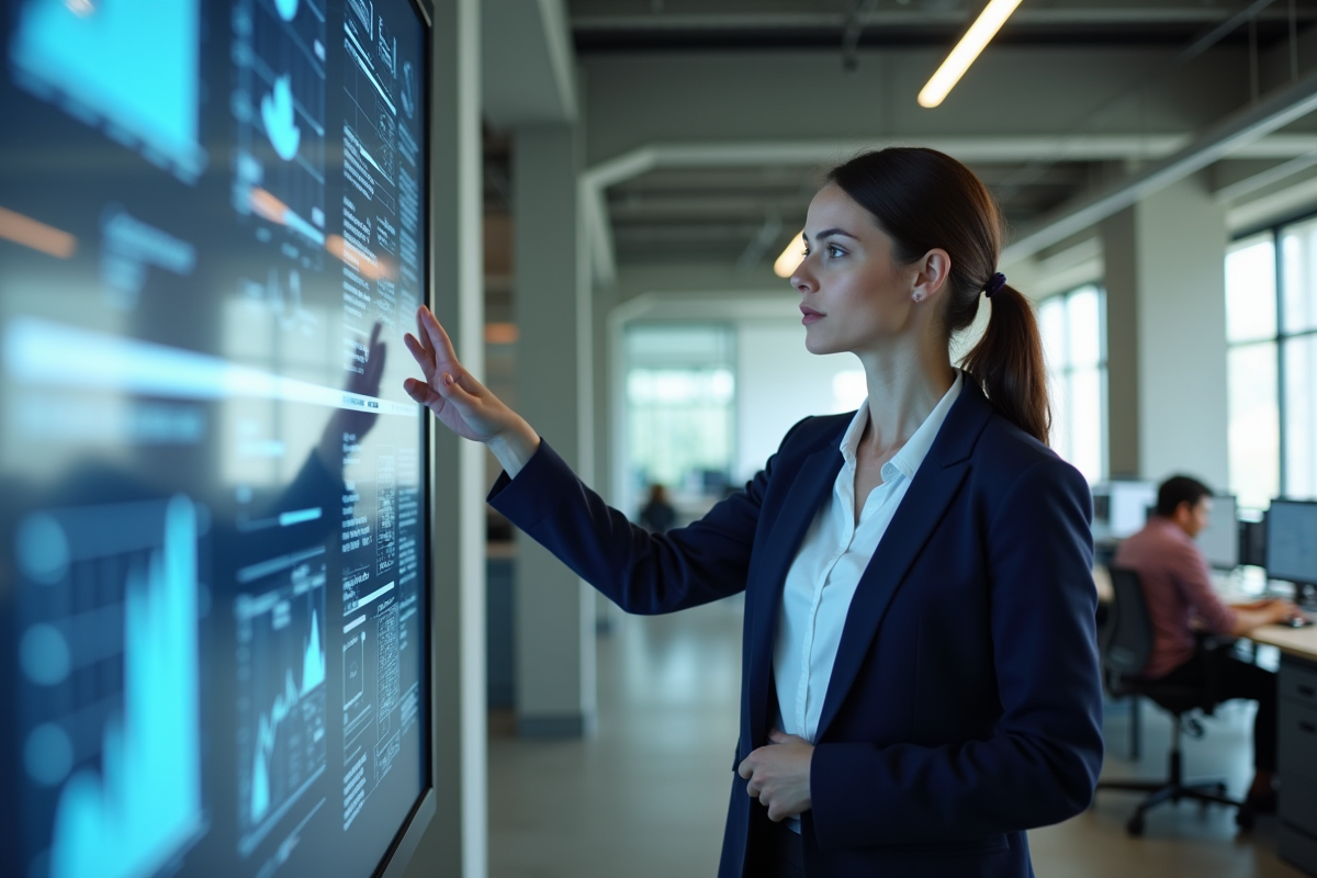 Jeune femme gestionnaire IT devant écran interactif