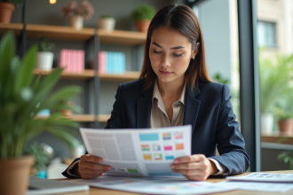 Jeune femme professionnelle examinant des flyers texturés au bureau