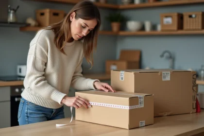 Jeune femme mesure un colis Colissimo dans une cuisine moderne