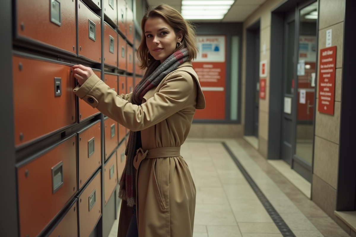 Jeune femme ouvrant sa boite aux lettres La Poste