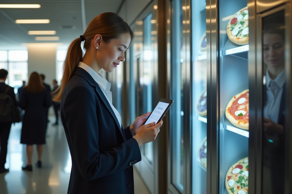 Jeune femme vérifiant une machine à pizza moderne