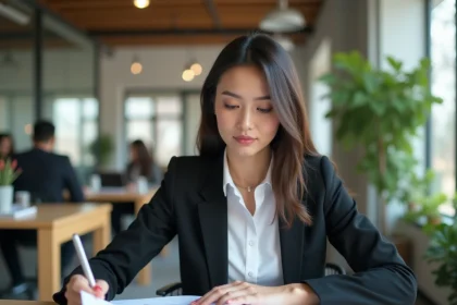 Jeune femme professionnelle révisant son CV pour décrocher son premier poste en développement Bug Four