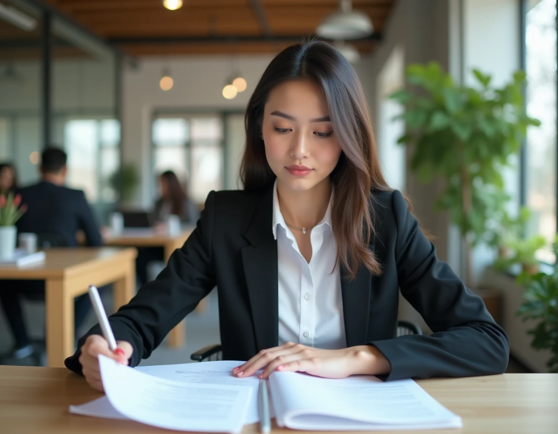 Jeune femme professionnelle révisant son CV pour décrocher son premier poste en développement Bug Four