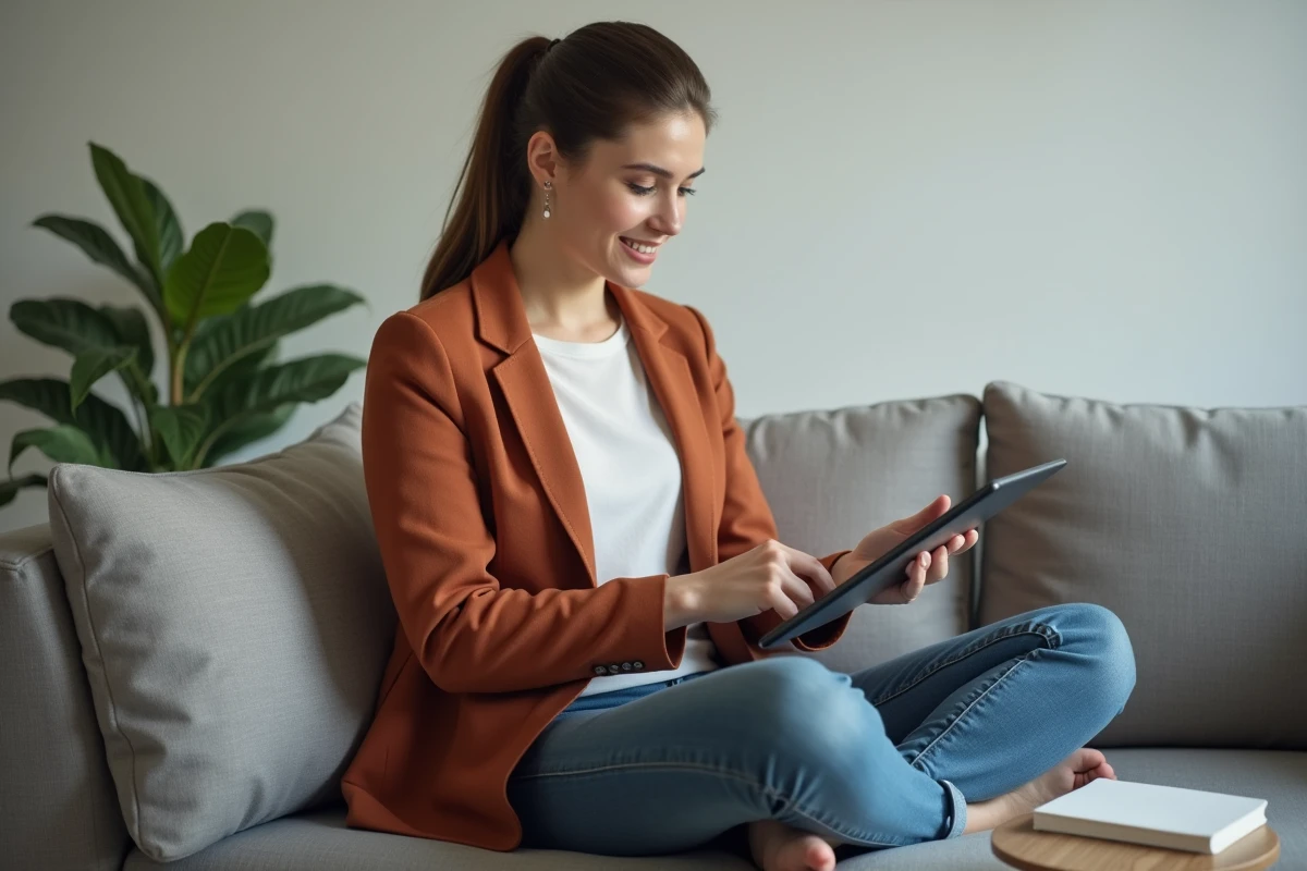 Jeune professionnelle consultant une application de gestion des t&acirc;ches sur tablette assise sur un canap&eacute;, organisation du planning num&eacute;rique