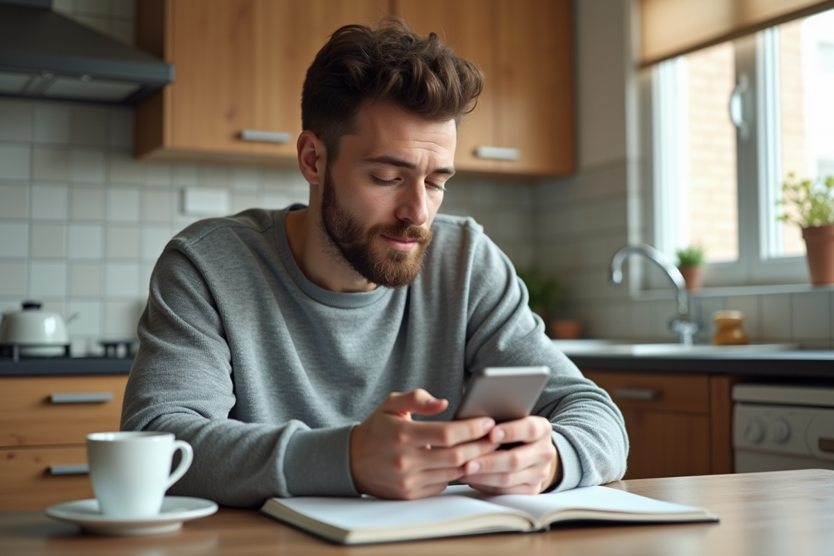 Jeune homme lisant des avis en cuisine dans son appartement lumineux