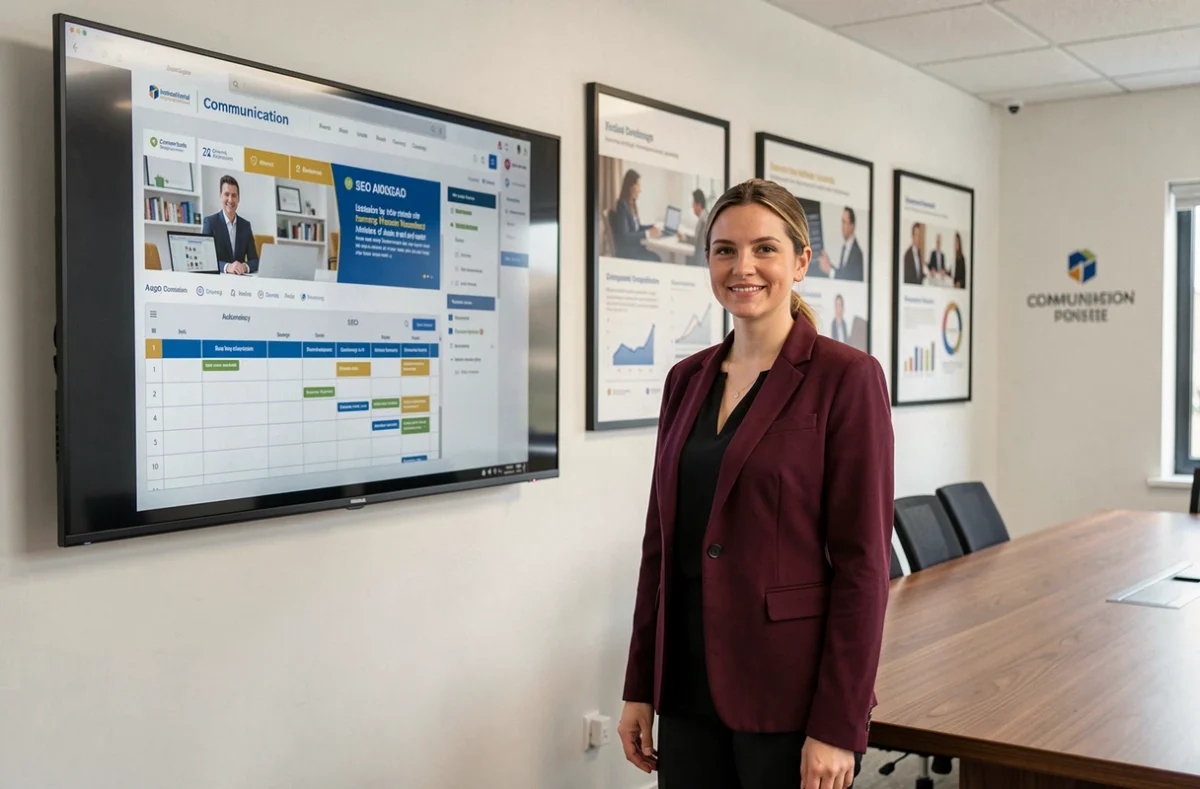 Professionnelle de l'agence Les Comnambules présentant une stratégie SEO intégrée à une campagne de communication institutionnelle