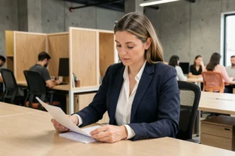 Femme professionnelle travaillant dans un espace de coworking avec des bureaux partagés modernes