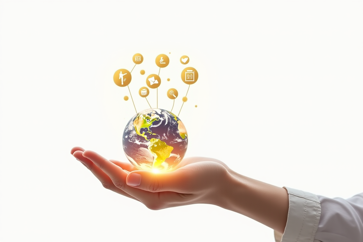 Main tenant un globe lumineux avec icones de responsabilite sociale