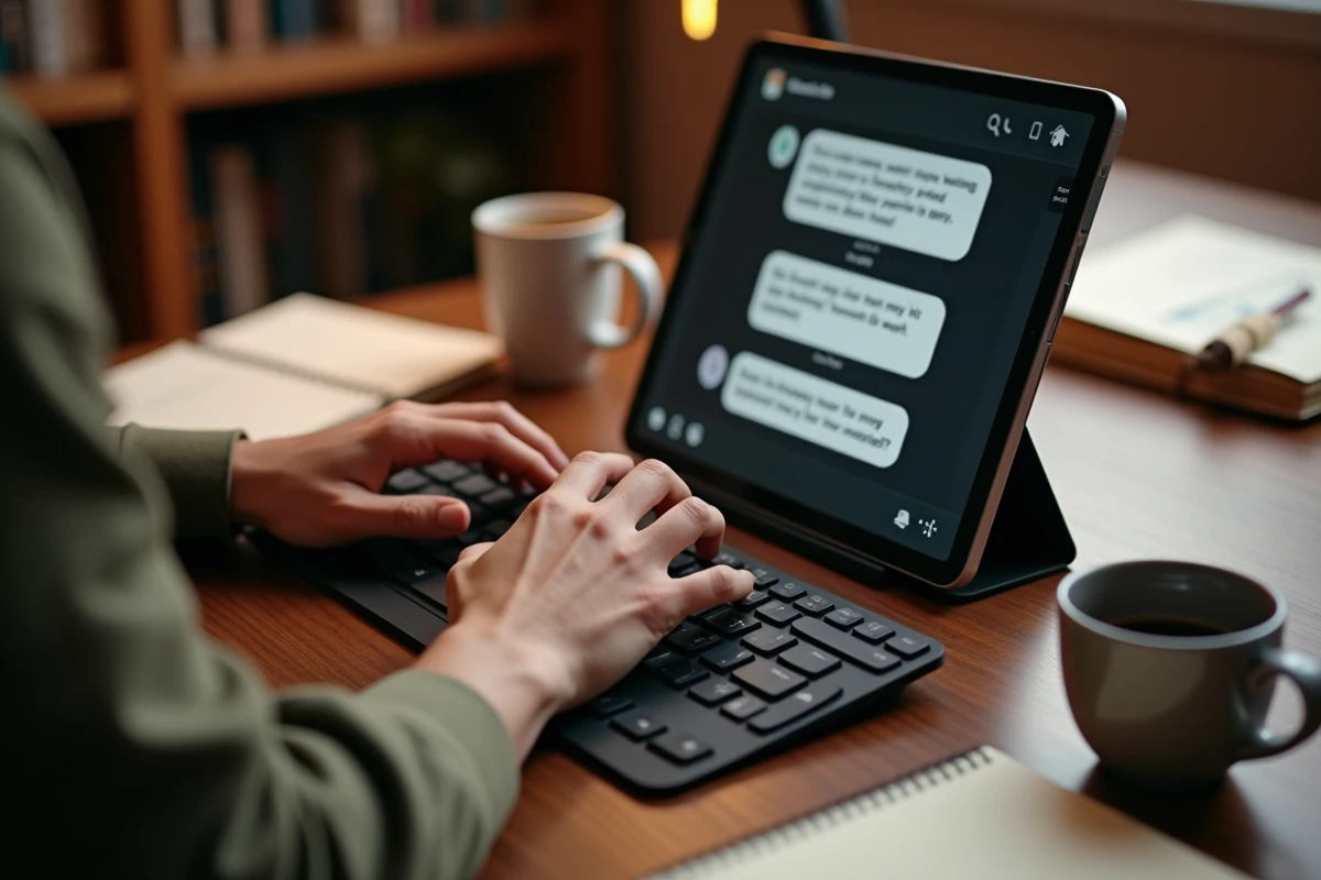 Mains tapant sur un clavier devant une tablette affichant une session de chat avec Mistral Le Chat et des notes manuscrites