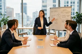 Jeune manager femme animant sa première réunion d'équipe dans une salle de conférence moderne