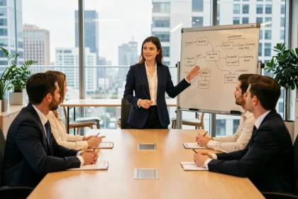 Jeune manager femme animant sa première réunion d'équipe dans une salle de conférence moderne