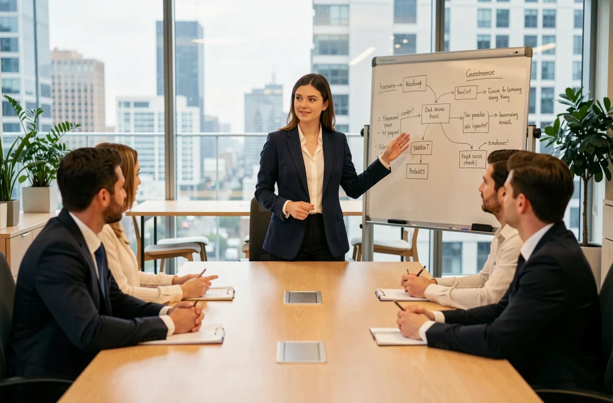 Jeune manager femme animant sa première réunion d'équipe dans une salle de conférence moderne