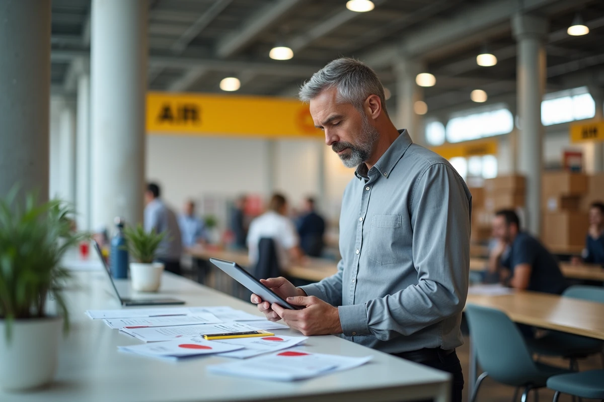 Manager RH de La Poste analysant des rapports de gestion du temps en zone de travail collaboratif