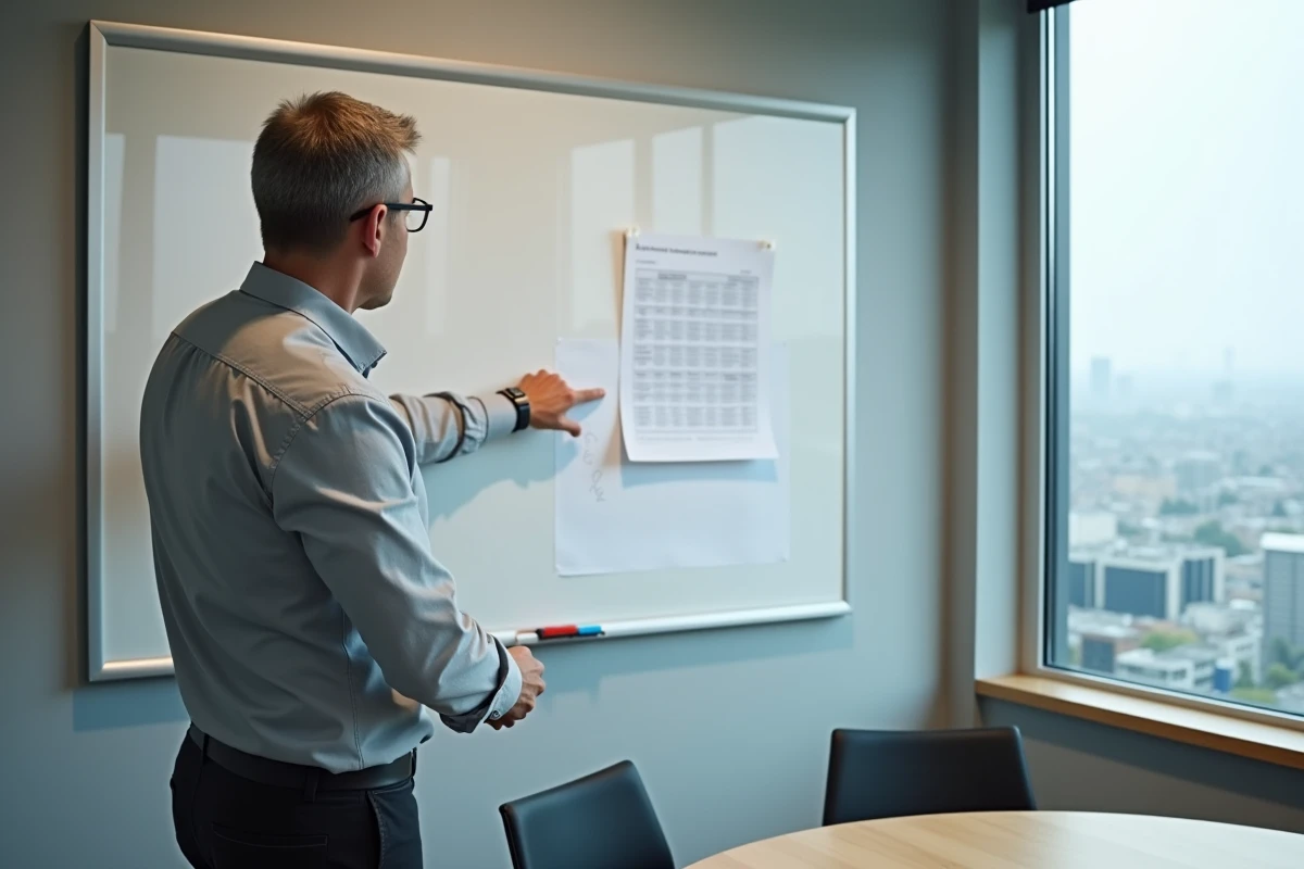 Manager présentant un tableau de gestion des absences lors d'une réunion d'équipe en salle de réunion