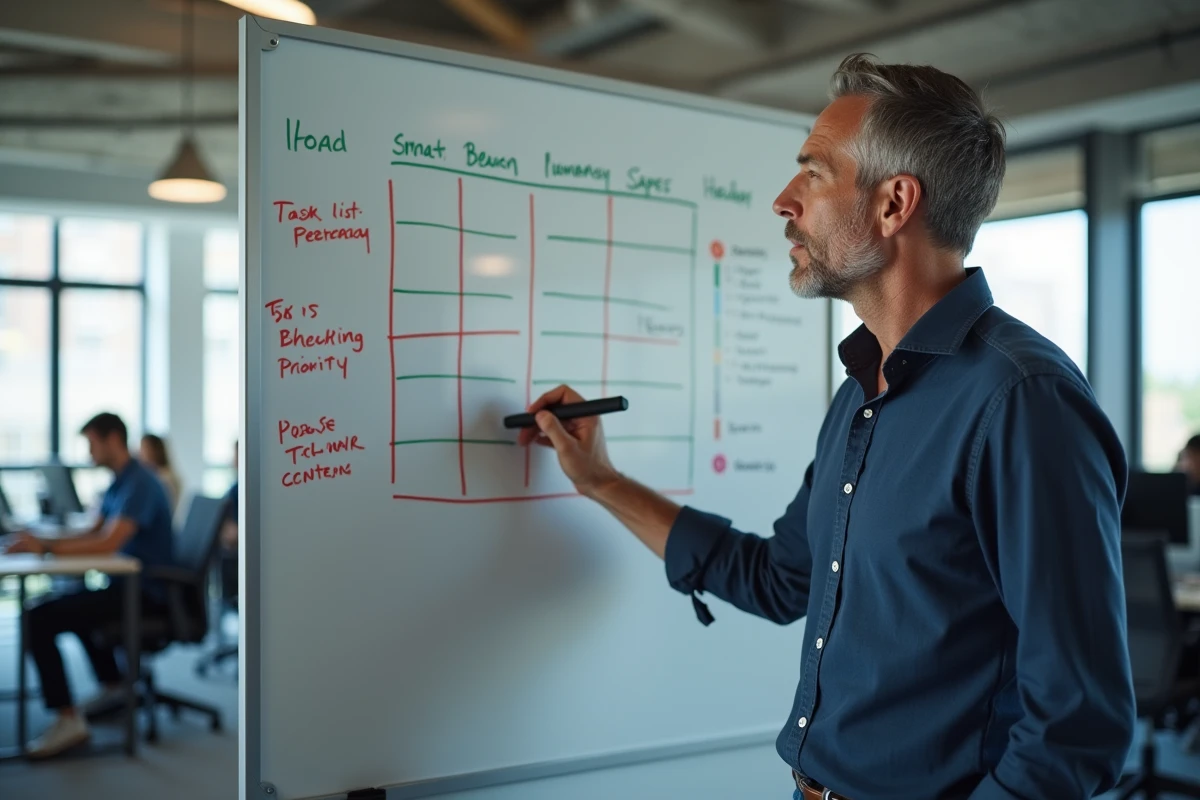 Manager debout devant un tableau blanc avec un planning hebdomadaire structur&eacute; en colonnes de priorit&eacute;s dans un bureau moderne