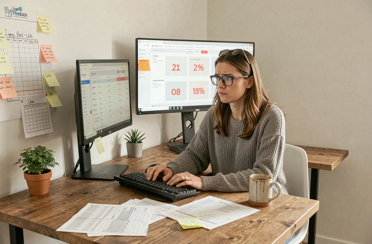Marketeuse digitale perplexe analysant des métriques PPC négatives sur deux écrans dans un bureau à domicile