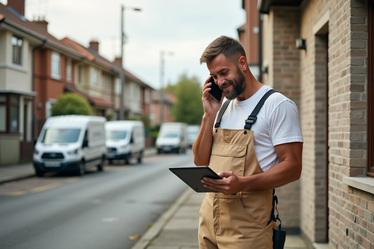Artisan maçon consultant son profil sur une plateforme professionnelle BTP devant un chantier de rénovation résidentielle