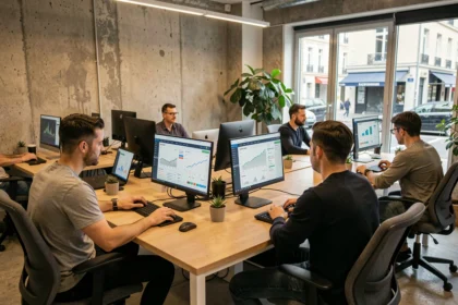 Vue large d'une agence SEO moderne à Poitiers avec des professionnels travaillant sur des tableaux de bord d'analyse digitale
