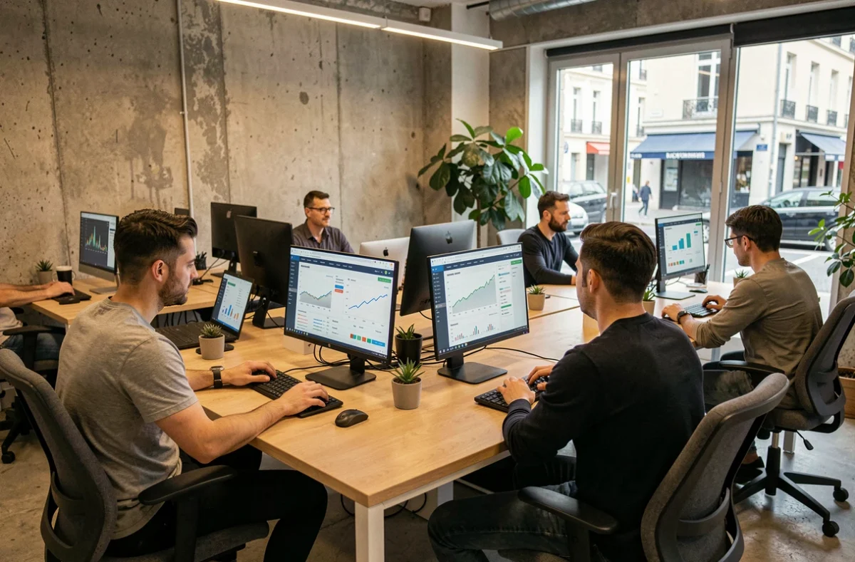 Vue large d'une agence SEO moderne à Poitiers avec des professionnels travaillant sur des tableaux de bord d'analyse digitale