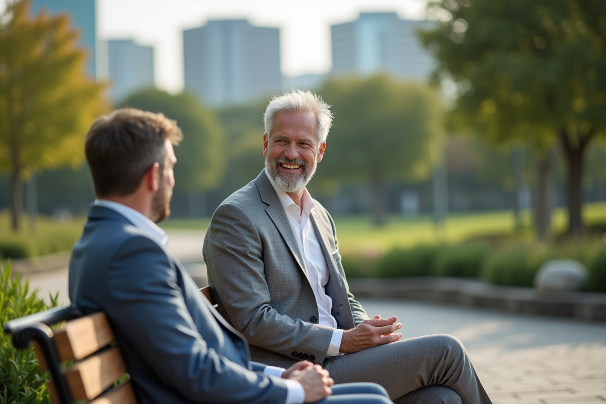 Mentor mature en discussion en parc urbain