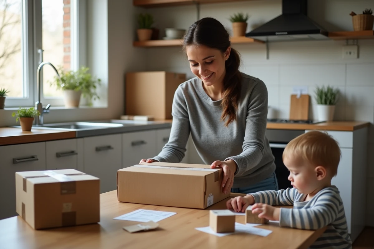 Mère travaillant à domicile en emballant des colis pendant que son enfant joue à côté d'elle dans la cuisine