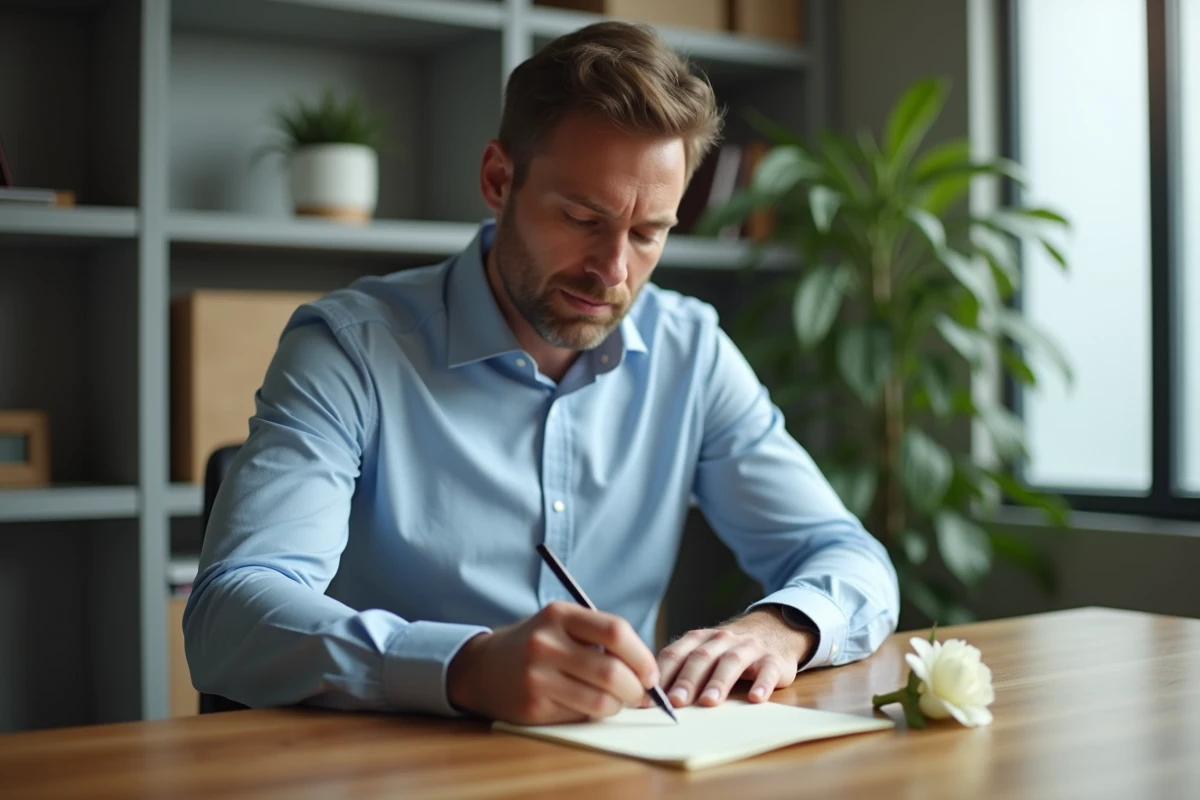 Un homme écrivant un message de condoléances manuscrit sur du papier crème avec une fleur blanche posée sur le bureau