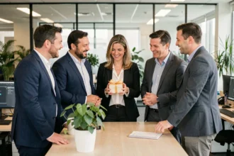 Collègues réunis pour fêter le départ d'un employé dans un bureau moderne avec cadeau et sourires sincères