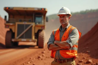 Mineur australien en tenue de sécurité debout près d'un camion de mine à ciel ouvert, illustrant les conditions de travail dans les mines australiennes