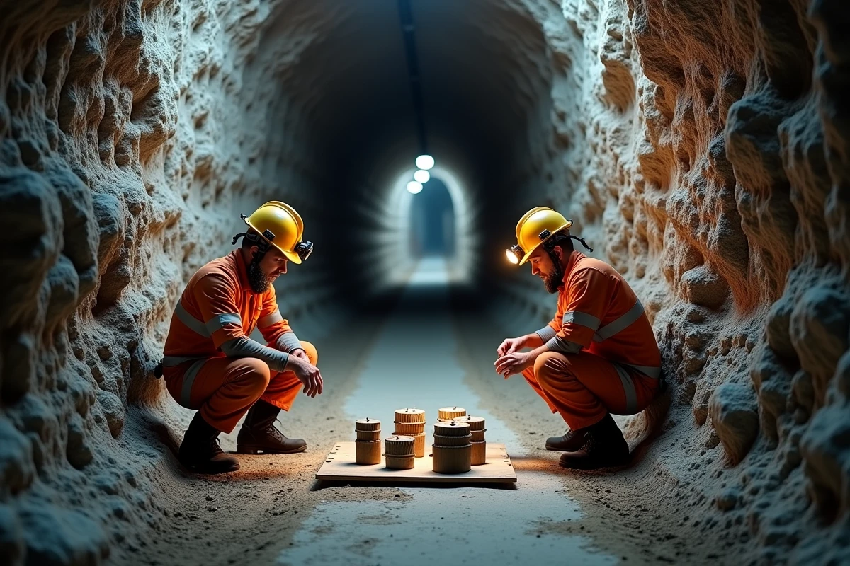 Deux mineurs australiens examinant des échantillons de roche dans un tunnel souterrain, représentant les conditions de travail en mine souterraine