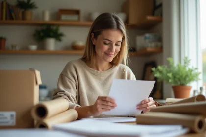 Femme travaillant à domicile pour emballer des enveloppes et faire de la mise sous pli sur une table en bois
