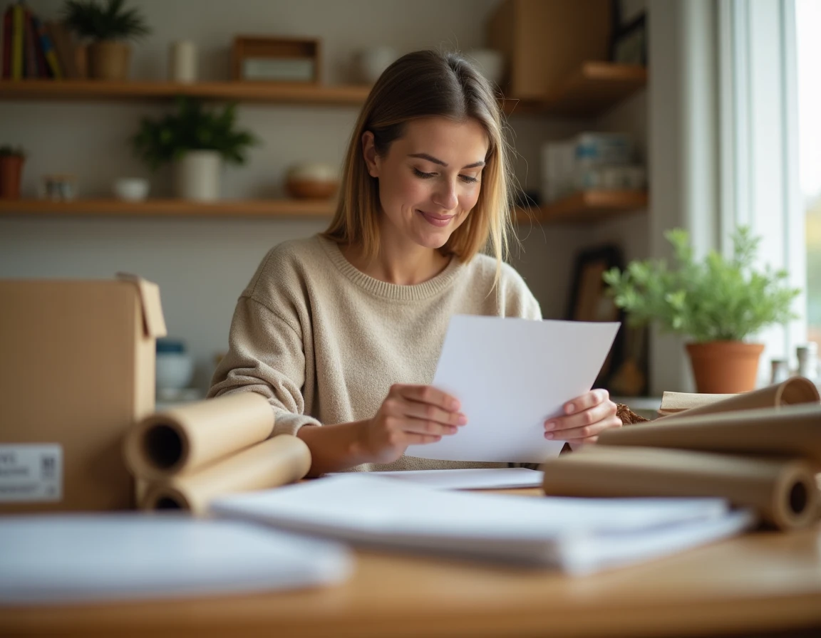 Femme travaillant à domicile pour emballer des enveloppes et faire de la mise sous pli sur une table en bois